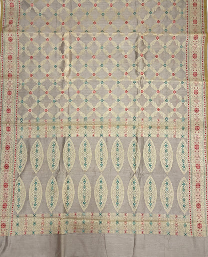 Faishana Presents Grey Cotton Zari Striped Mina Jaal with Skirt Rangkaat Zari Border and Bandhej Pallu with Grey Blouse