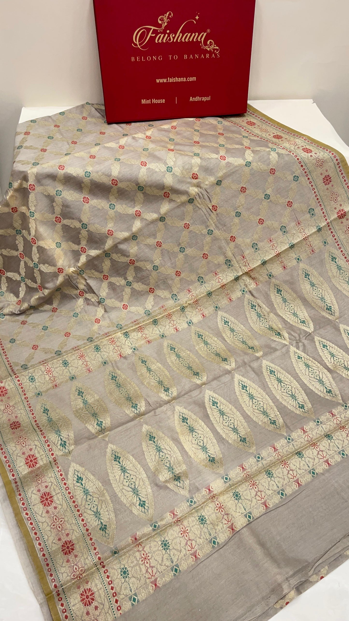 Faishana Presents Grey Cotton Zari Striped Mina Jaal with Skirt Rangkaat Zari Border and Bandhej Pallu with Grey Blouse