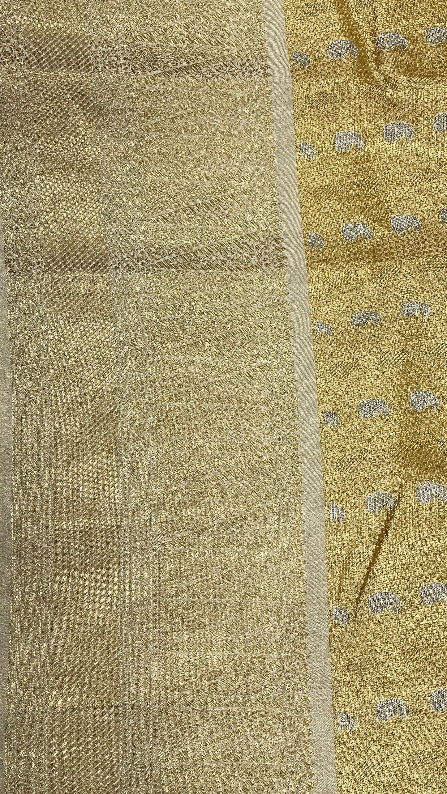 Faishana Presents Gold Tissue Alfi Silver Zari Booti with Contrast Off White Pallu Saree with Off White Blouse