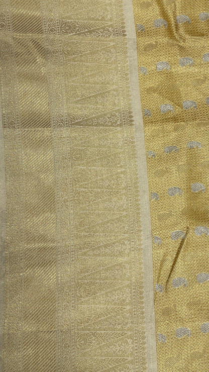 Faishana Presents Gold Tissue Alfi Silver Zari Booti with Contrast Off White Pallu Saree with Off White Blouse