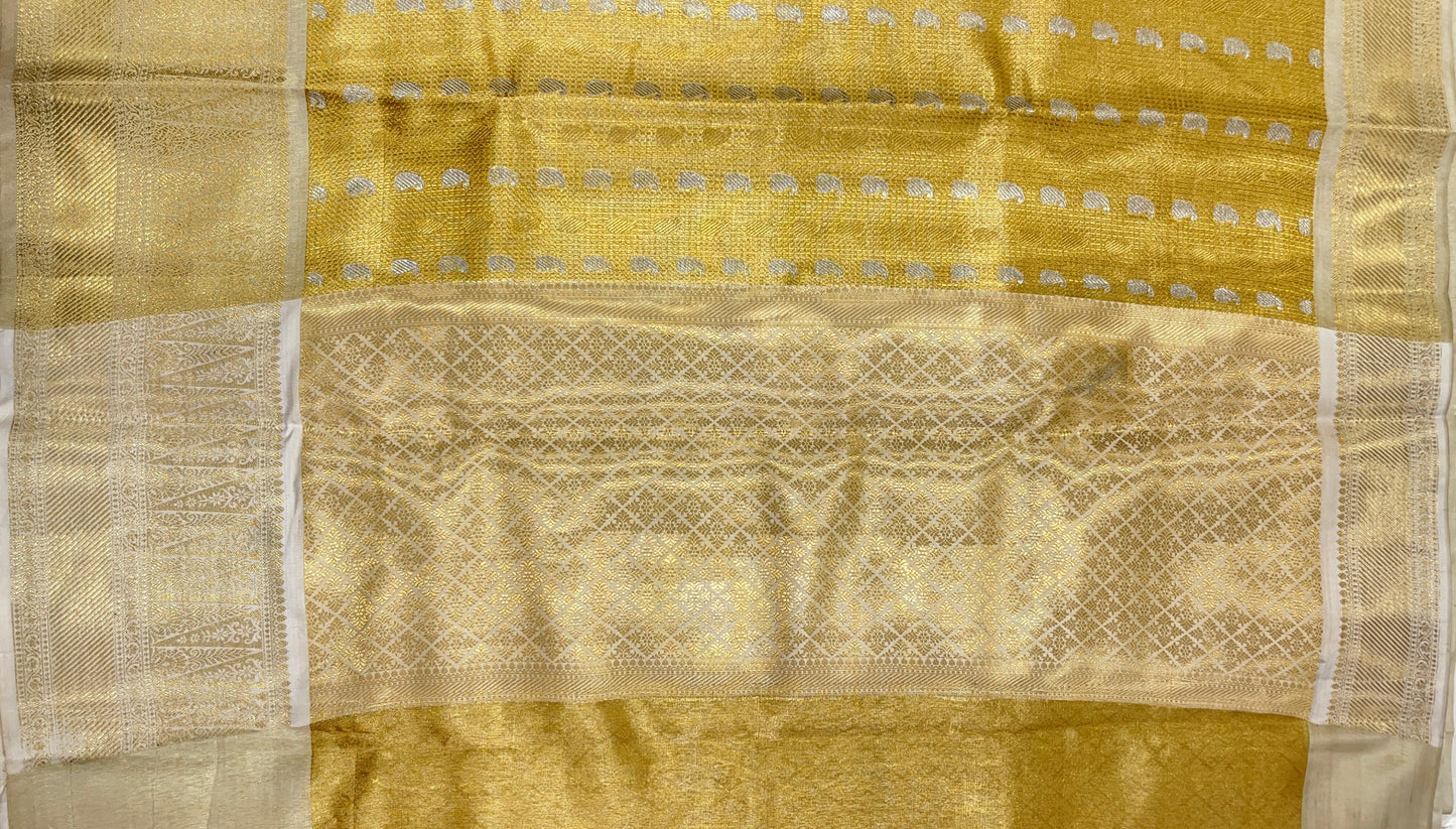 Faishana Presents Gold Tissue Alfi Silver Zari Booti with Contrast Off White Pallu Saree with Off White Blouse