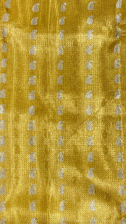 Faishana Presents Gold Tissue Alfi Silver Zari Booti with Contrast Off White Pallu Saree with Off White Blouse