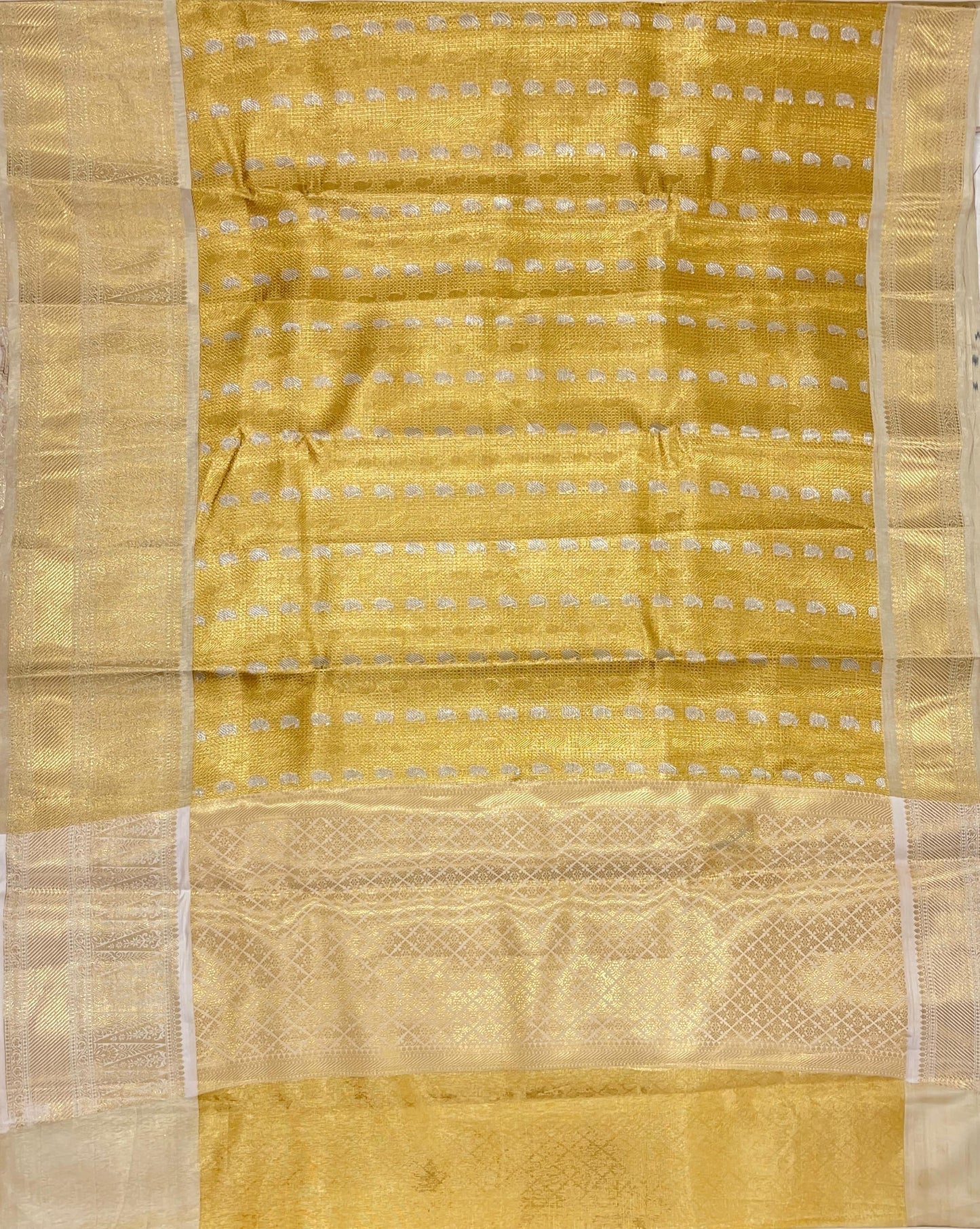Faishana Presents Gold Tissue Alfi Silver Zari Booti with Contrast Off White Pallu Saree with Off White Blouse