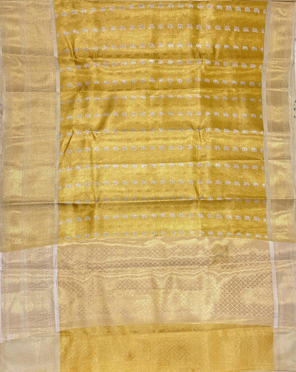 Faishana Presents Gold Tissue Alfi Silver Zari Booti with Contrast Off White Pallu Saree with Off White Blouse