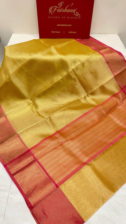 Faishana Presents Gold Tissue Single Zari Stripe with Contrast Red Pallu Saree with Red Blouse