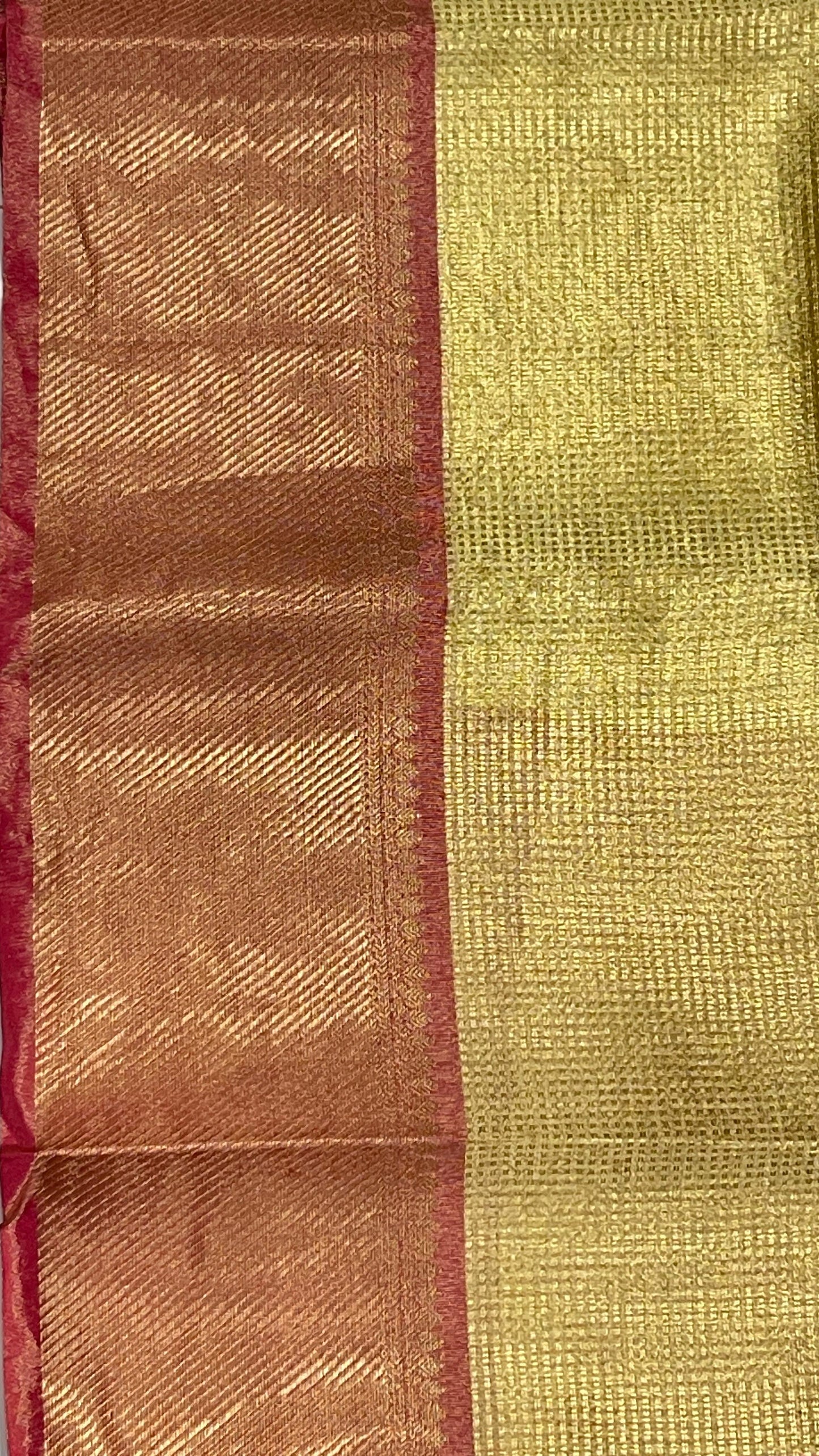 Faishana Presents Gold Tissue Single Zari Stripe with Contrast Red Pallu Saree with Red Blouse
