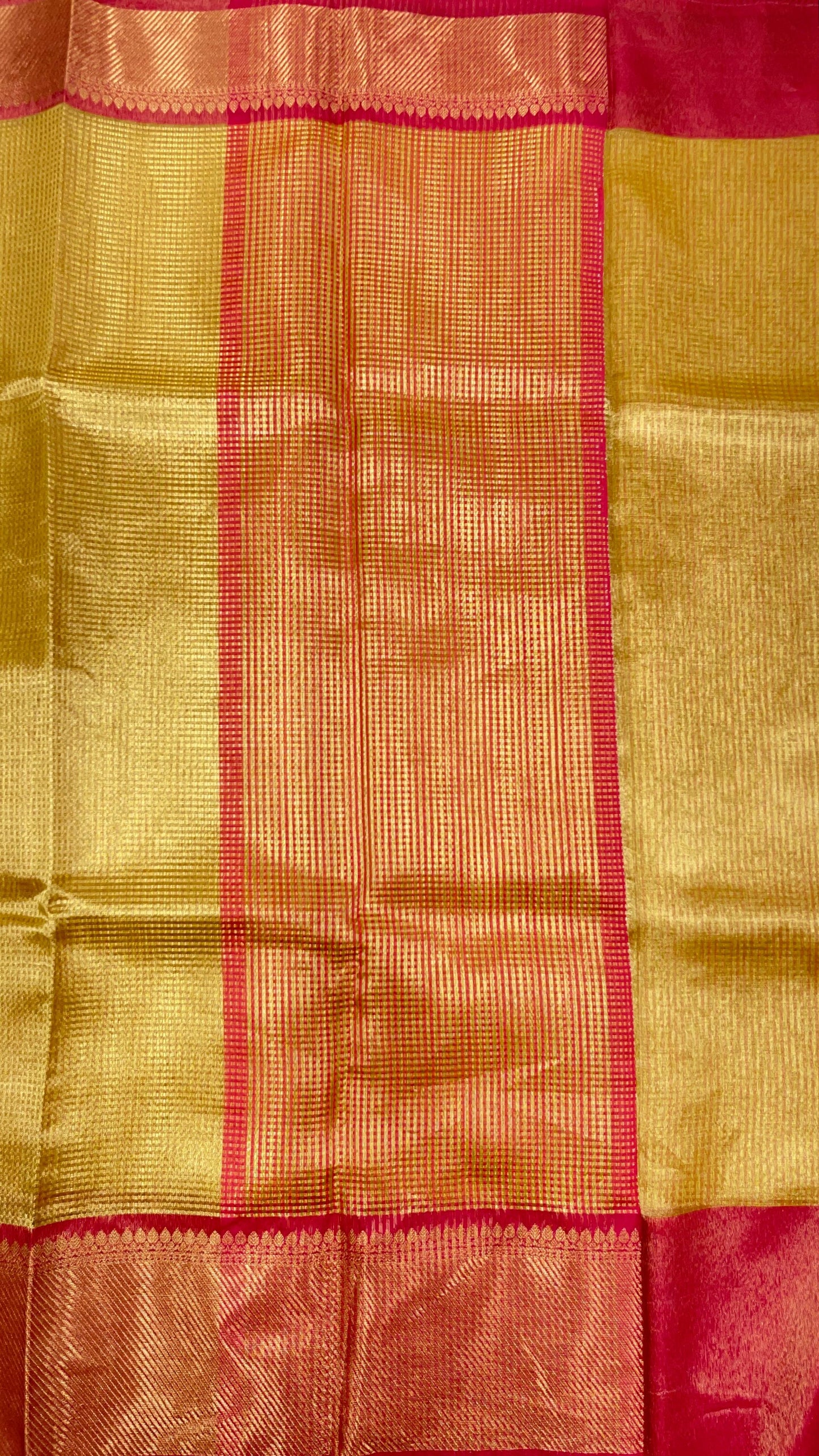 Faishana Presents Gold Tissue Single Zari Stripe with Contrast Red Pallu Saree with Red Blouse