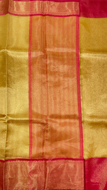 Faishana Presents Gold Tissue Single Zari Stripe with Contrast Red Pallu Saree with Red Blouse