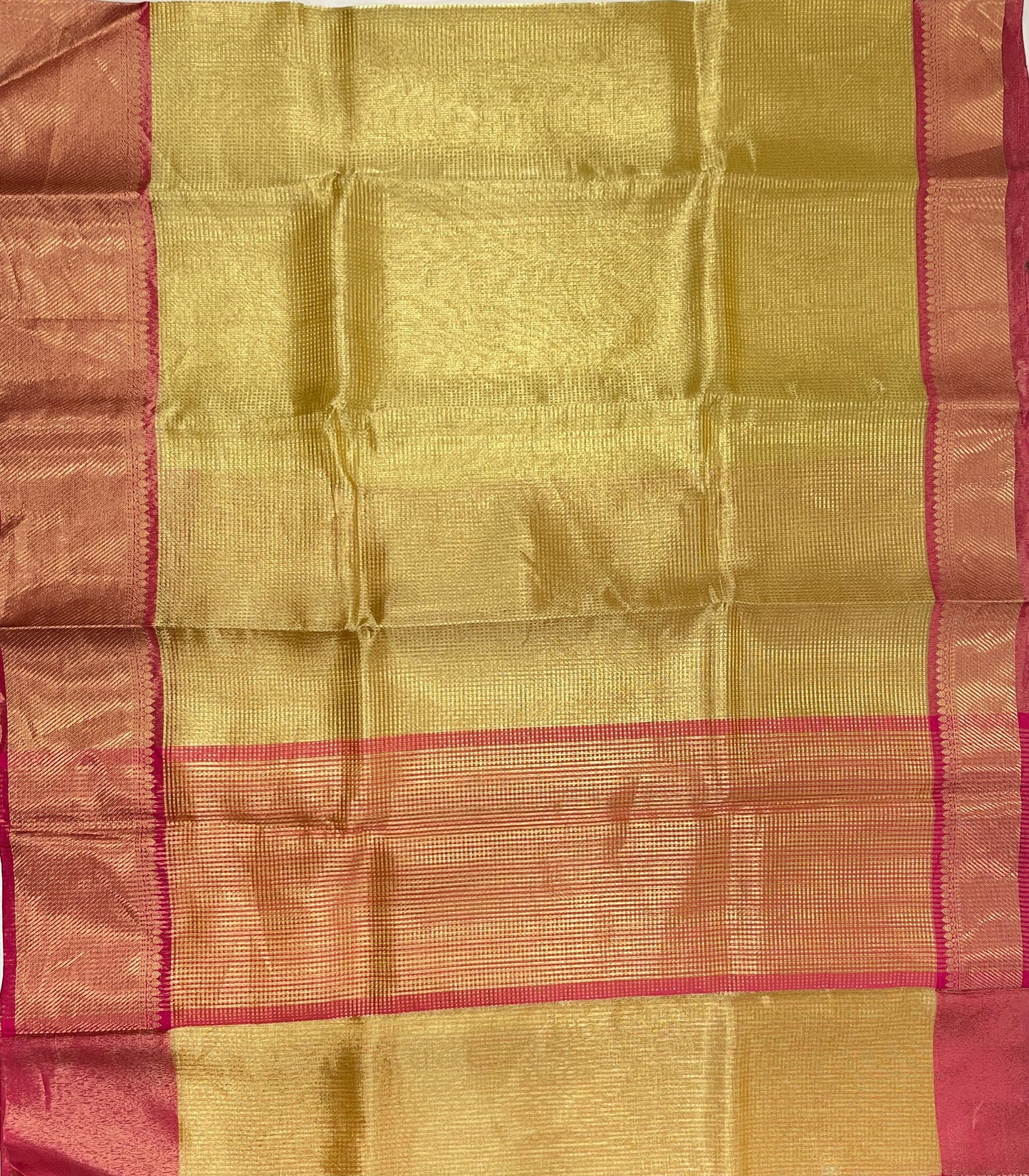 Faishana Presents Gold Tissue Single Zari Stripe with Contrast Red Pallu Saree with Red Blouse