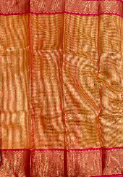 Faishana Presents Gold Tissue Single Zari Stripe with Contrast Red Pallu Saree with Red Blouse