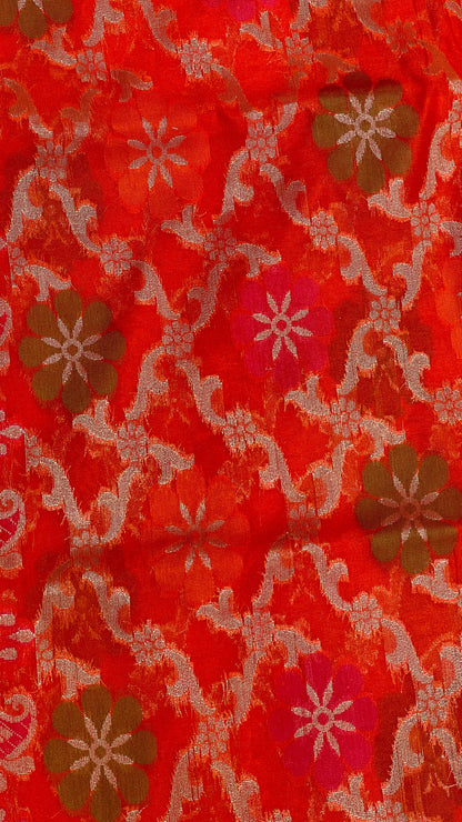 Faishana Presents Orange Semi Georgette Alfi Mina Floral Zari Jaal Minakari Zari Border with Banarasi Floral Boota Pallu and Red Multi Stripe Blouse