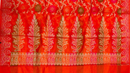Faishana Presents Orange Semi Georgette Alfi Mina Floral Zari Jaal Minakari Zari Border with Banarasi Floral Boota Pallu and Red Multi Stripe Blouse