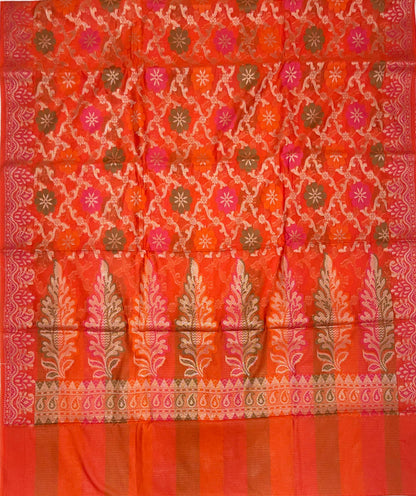 Faishana Presents Orange Semi Georgette Alfi Mina Floral Zari Jaal Minakari Zari Border with Banarasi Floral Boota Pallu and Red Multi Stripe Blouse