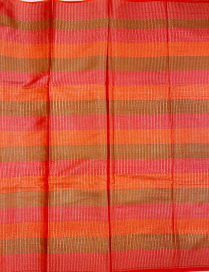 Faishana Presents Orange Semi Georgette Alfi Mina Floral Zari Jaal Minakari Zari Border with Banarasi Floral Boota Pallu and Red Multi Stripe Blouse