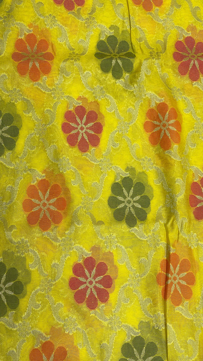 Faishana Presents Yellow Semi Georgette Alfi Mina Floral Zari Jaal Minakari Zari Border with Banarasi Floral Boota Pallu and Yellow Multi Stripe Blouse