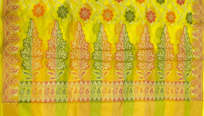 Faishana Presents Yellow Semi Georgette Alfi Mina Floral Zari Jaal Minakari Zari Border with Banarasi Floral Boota Pallu and Yellow Multi Stripe Blouse