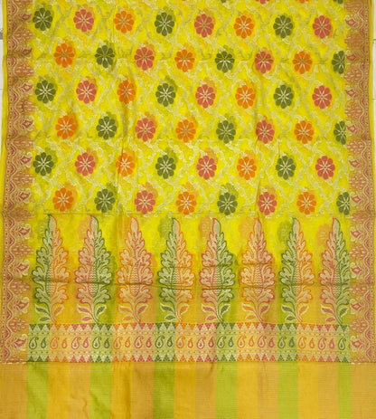 Faishana Presents Yellow Semi Georgette Alfi Mina Floral Zari Jaal Minakari Zari Border with Banarasi Floral Boota Pallu and Yellow Multi Stripe Blouse