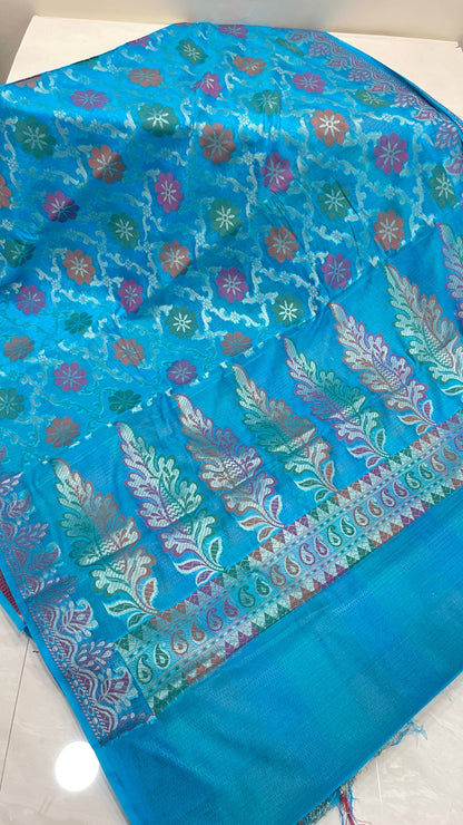 Faishana Presents Sky Blue Semi Georgette Alfi Mina Floral Zari Jaal Minakari Zari Border with Banarasi Floral Boota Pallu and Blue Multi Stripe Blouse