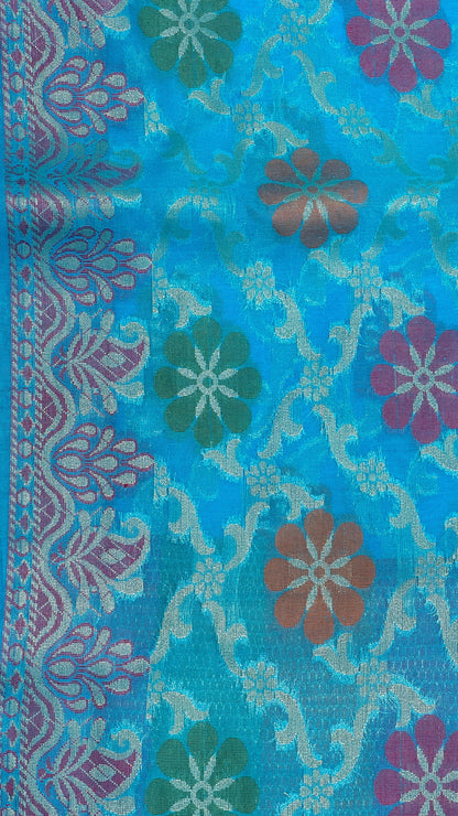 Faishana Presents Sky Blue Semi Georgette Alfi Mina Floral Zari Jaal Minakari Zari Border with Banarasi Floral Boota Pallu and Blue Multi Stripe Blouse