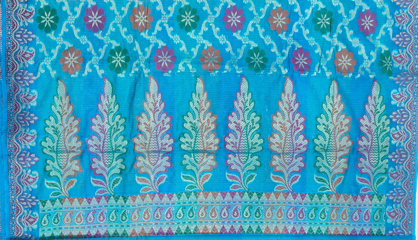 Faishana Presents Sky Blue Semi Georgette Alfi Mina Floral Zari Jaal Minakari Zari Border with Banarasi Floral Boota Pallu and Blue Multi Stripe Blouse