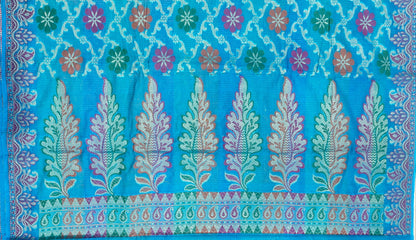 Faishana Presents Sky Blue Semi Georgette Alfi Mina Floral Zari Jaal Minakari Zari Border with Banarasi Floral Boota Pallu and Blue Multi Stripe Blouse