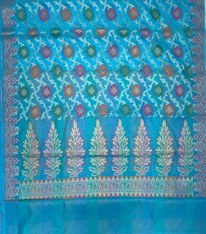 Faishana Presents Sky Blue Semi Georgette Alfi Mina Floral Zari Jaal Minakari Zari Border with Banarasi Floral Boota Pallu and Blue Multi Stripe Blouse