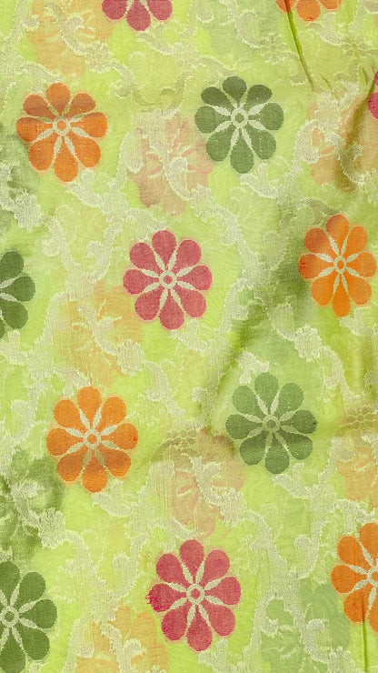 Faishana Presents Lime Green Semi Georgette Alfi Mina Floral Zari Jaal Minakari Zari Border with Banarasi Floral Boota Pallu and Lime Green Multi Stripe Blouse
