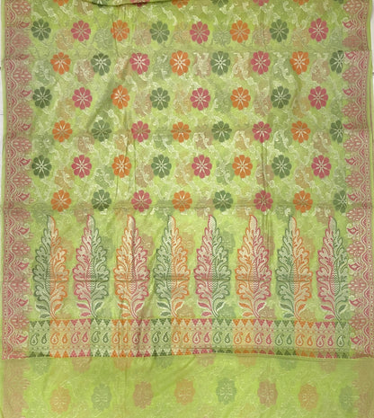 Faishana Presents Lime Green Semi Georgette Alfi Mina Floral Zari Jaal Minakari Zari Border with Banarasi Floral Boota Pallu and Lime Green Multi Stripe Blouse