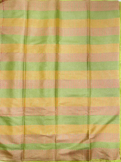 Faishana Presents Lime Green Semi Georgette Alfi Mina Floral Zari Jaal Minakari Zari Border with Banarasi Floral Boota Pallu and Lime Green Multi Stripe Blouse