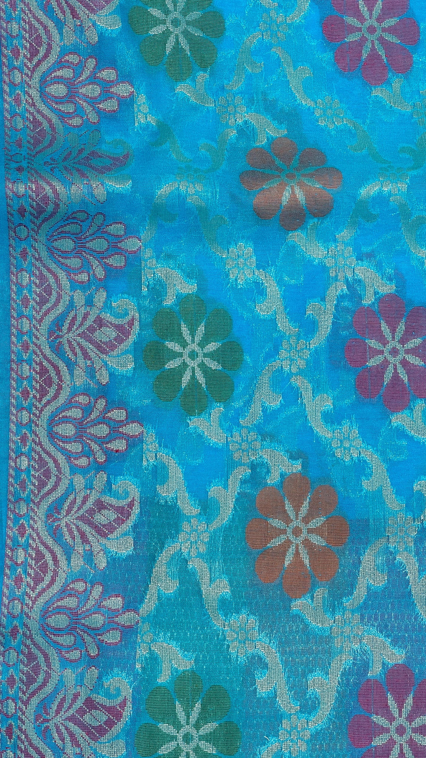 Faishana Presents Sky Blue Semi Georgette Alfi Mina Floral Zari Jaal Minakari Zari Border with Banarasi Floral Boota Pallu and Blue Multi Stripe Blouse