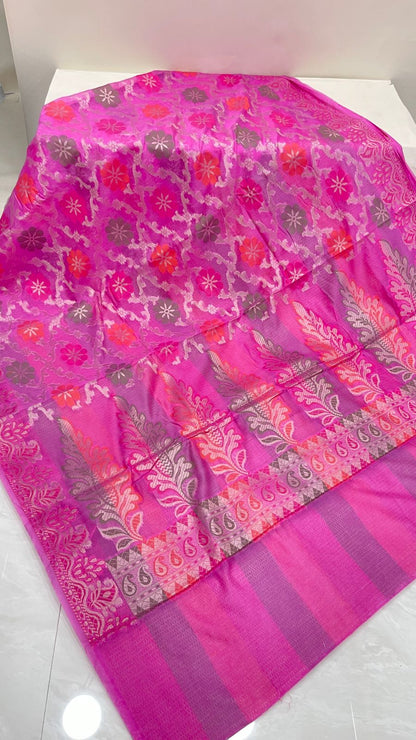 Faishana Presents Light Purple Semi Georgette Alfi Mina Floral Zari Jaal Minakari Zari Border with Banarasi Floral Boota Pallu and Light Purple Multi Stripe Blouse