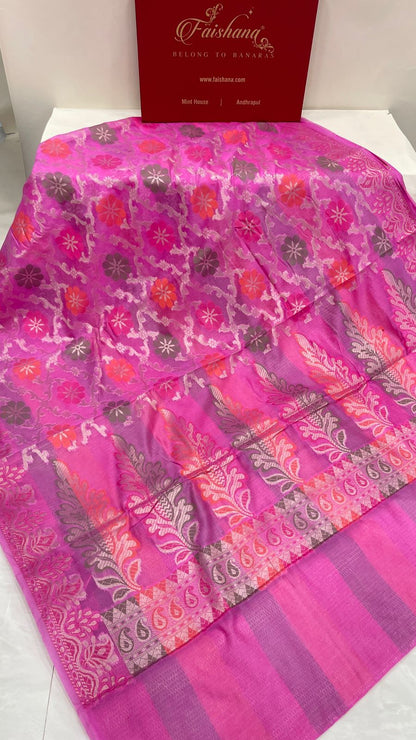 Faishana Presents Light Purple Semi Georgette Alfi Mina Floral Zari Jaal Minakari Zari Border with Banarasi Floral Boota Pallu and Light Purple Multi Stripe Blouse
