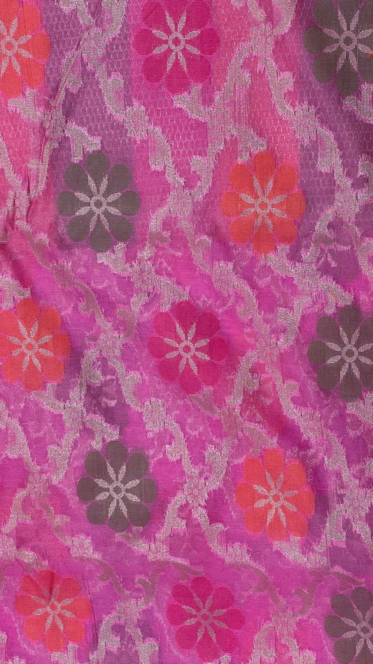 Faishana Presents Light Purple Semi Georgette Alfi Mina Floral Zari Jaal Minakari Zari Border with Banarasi Floral Boota Pallu and Light Purple Multi Stripe Blouse