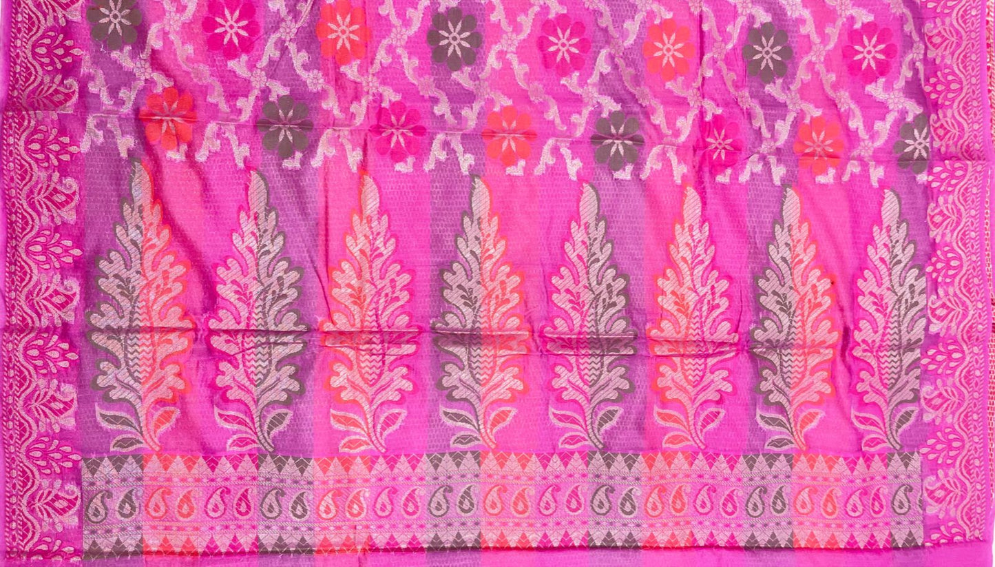 Faishana Presents Light Purple Semi Georgette Alfi Mina Floral Zari Jaal Minakari Zari Border with Banarasi Floral Boota Pallu and Light Purple Multi Stripe Blouse