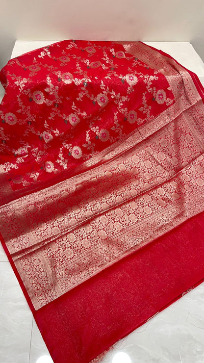 Faishana Presents Red Semi Georgette Tilfi Mina Floral Zari Jaal with Banarasi Floral Pallu and Red Blouse