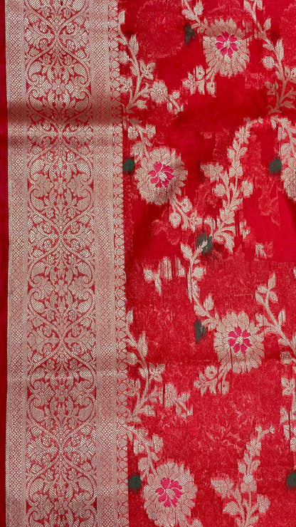Faishana Presents Red Semi Georgette Tilfi Mina Floral Zari Jaal with Banarasi Floral Pallu and Red Blouse