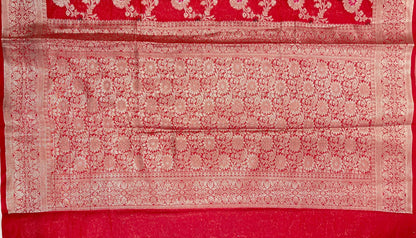 Faishana Presents Red Semi Georgette Tilfi Mina Floral Zari Jaal with Banarasi Floral Pallu and Red Blouse