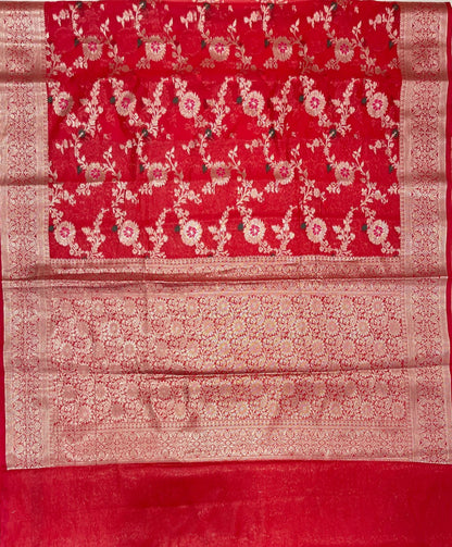 Faishana Presents Red Semi Georgette Tilfi Mina Floral Zari Jaal with Banarasi Floral Pallu and Red Blouse