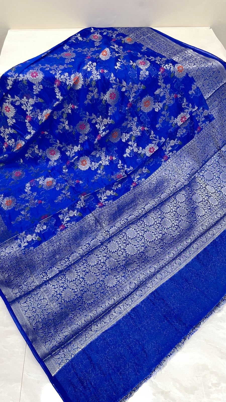 Faishana Presents Blue Semi Georgette Tilfi Mina Floral Zari Jaal with Banarasi Floral Pallu and Blue Blouse