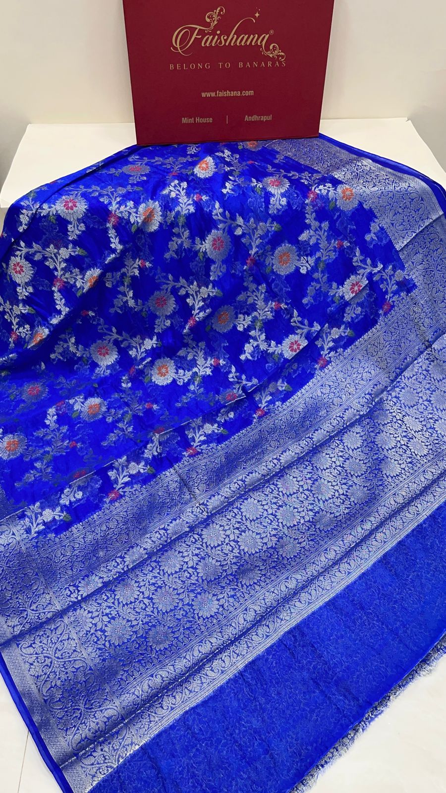 Faishana Presents Blue Semi Georgette Tilfi Mina Floral Zari Jaal with Banarasi Floral Pallu and Blue Blouse