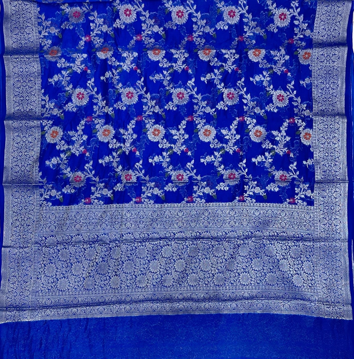 Faishana Presents Blue Semi Georgette Tilfi Mina Floral Zari Jaal with Banarasi Floral Pallu and Blue Blouse