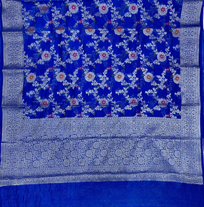 Faishana Presents Blue Semi Georgette Tilfi Mina Floral Zari Jaal with Banarasi Floral Pallu and Blue Blouse