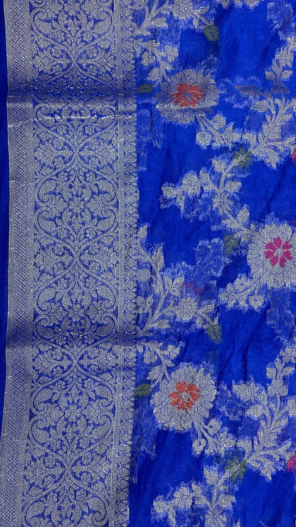 Faishana Presents Blue Semi Georgette Tilfi Mina Floral Zari Jaal with Banarasi Floral Pallu and Blue Blouse