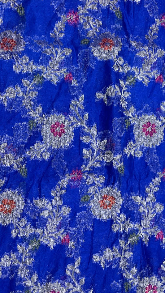 Faishana Presents Blue Semi Georgette Tilfi Mina Floral Zari Jaal with Banarasi Floral Pallu and Blue Blouse
