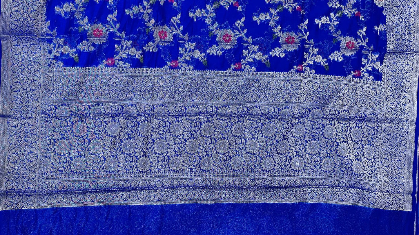 Faishana Presents Blue Semi Georgette Tilfi Mina Floral Zari Jaal with Banarasi Floral Pallu and Blue Blouse