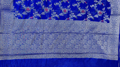 Faishana Presents Blue Semi Georgette Tilfi Mina Floral Zari Jaal with Banarasi Floral Pallu and Blue Blouse