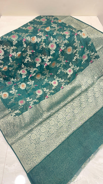 Faishana Presents Dark Green Semi Georgette Tilfi Mina Floral Zari Jaal with Banarasi Floral Pallu and Dark Green Blouse