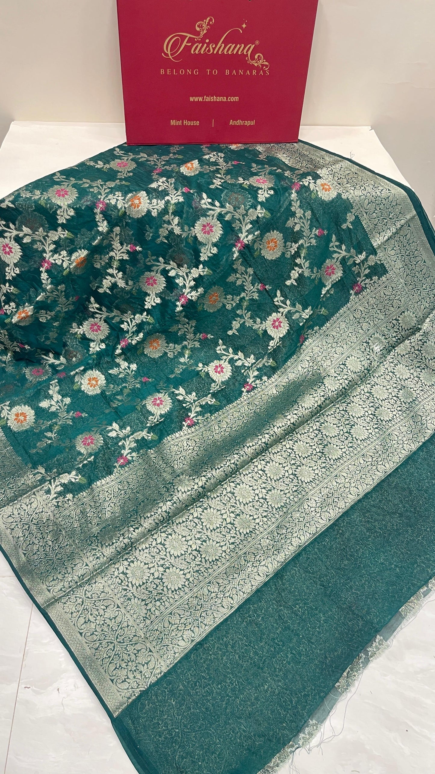 Faishana Presents Dark Green Semi Georgette Tilfi Mina Floral Zari Jaal with Banarasi Floral Pallu and Dark Green Blouse