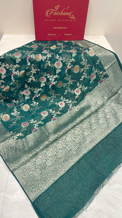 Faishana Presents Dark Green Semi Georgette Tilfi Mina Floral Zari Jaal with Banarasi Floral Pallu and Dark Green Blouse