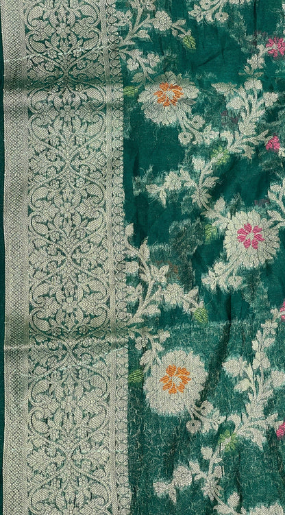 Faishana Presents Dark Green Semi Georgette Tilfi Mina Floral Zari Jaal with Banarasi Floral Pallu and Dark Green Blouse